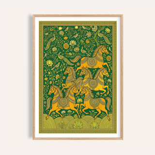 Framed Indian Horse Art Print with decorative galloping horses in yellow and green folk-art style