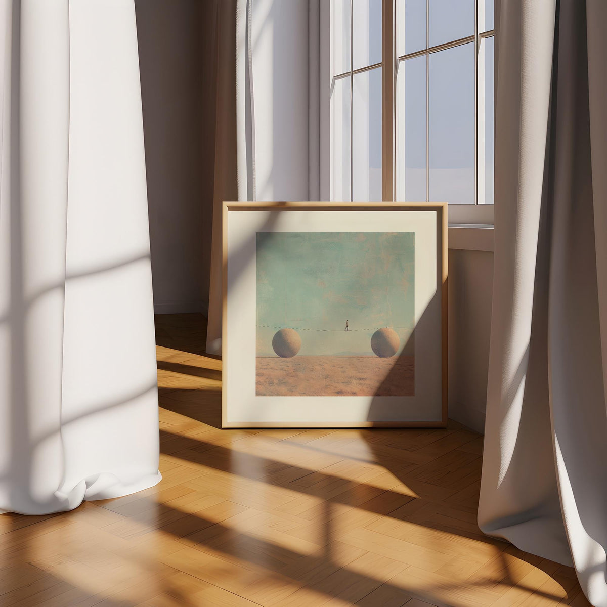 Surreal art for sale leaning against window with light brown frame and long curtains