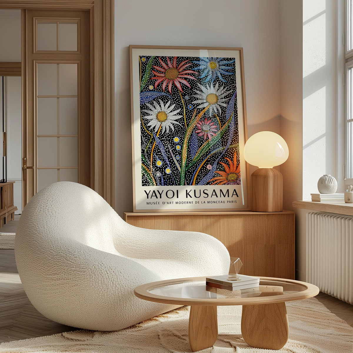 Abstract Botanical Wall Art framed print with dotted flowers in a bright sitting area with a lamp