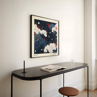 Japanese Art print of stylised waves in dark blue white and red above a black console table with a chair