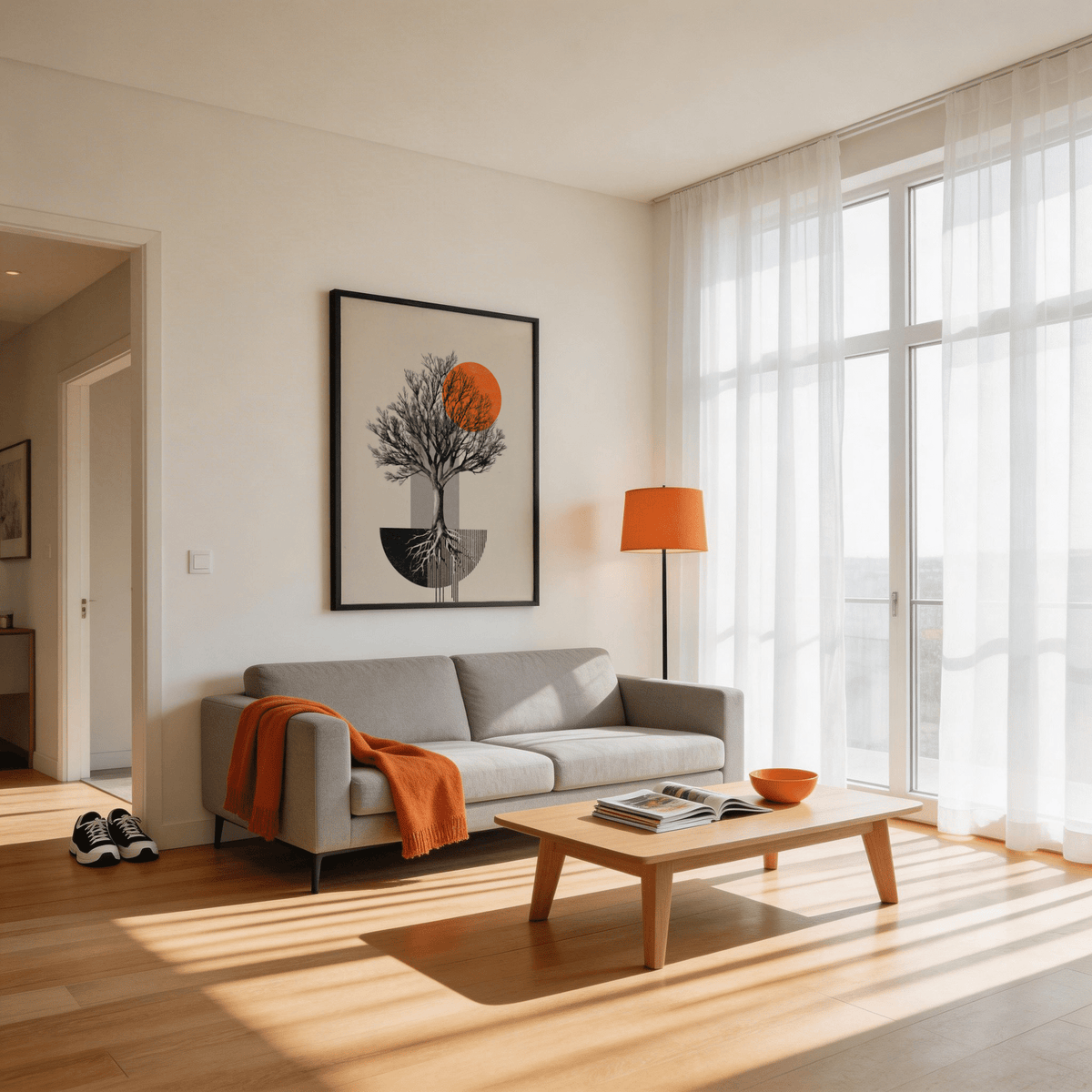 Abstract tree wall art above a grey sofa with an orange throw and a matching lamp in a bright living room