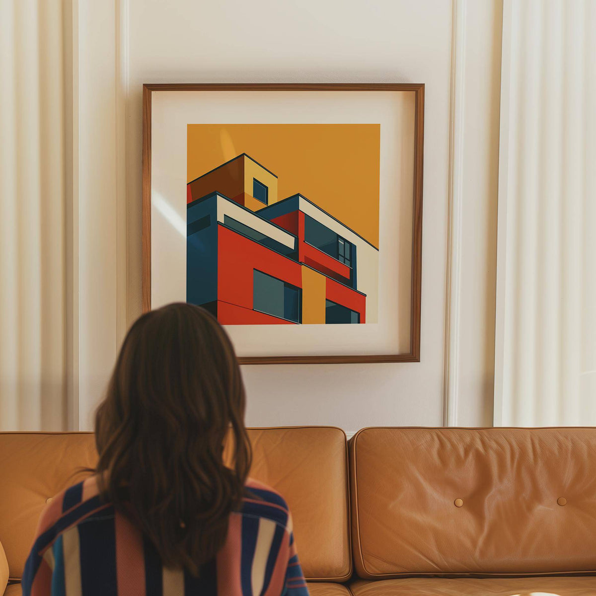 Art for the Office framed print of a modernist building in red, yellow, and blue above a brown leather sofa