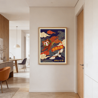 Print on a wall in a hallway showing a dancing snow monkey with Japanese-ink waves and a crane
