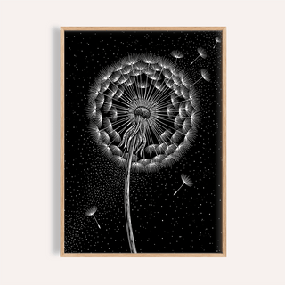 Framed close-up of Dandelion Poster featuring white line-art dandelion seed head on a black background