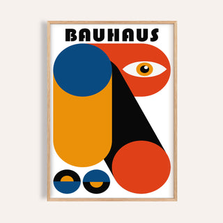 Framed Bauhaus Graphic close-up showing abstract geometric shapes in blue, orange and black