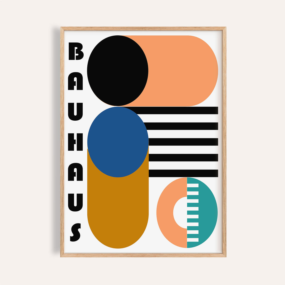 Framed Bauhaus Geometric Shapes print with black, blue, and orange shapes on a grey background