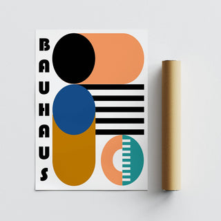 Bauhaus Geometric Shapes print flat with packaging tube beside it showing abstract shapes in black blue orange and teal
