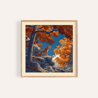 Framed Hasui Kawase Tiger Art Print of a tiger on a grey rocky ledge with orange trees