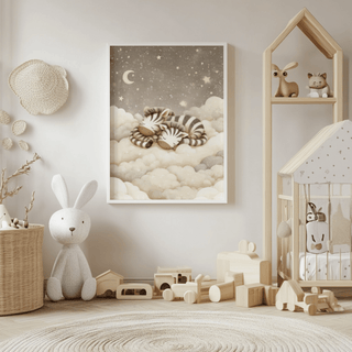 Print of sleeping baby zebras on soft clouds with stars above in a neutral nursery with toys