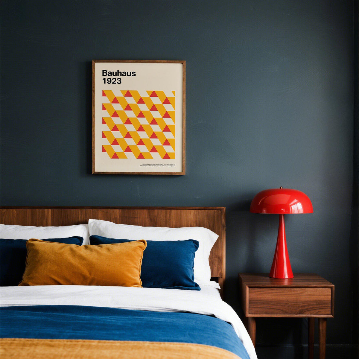 Art Posters Gallery framed print of geometric triangles in yellow and red above a bed with cushions