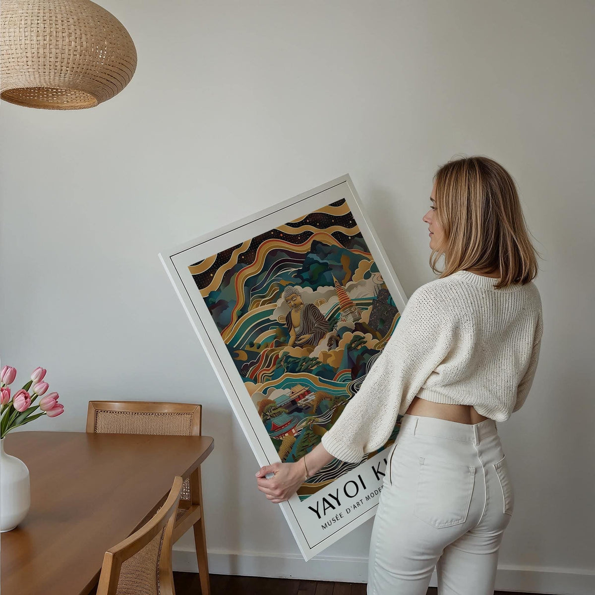 Framed Buddha Poster held by a woman showing a colourful contemporary Buddha statue landscape