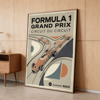 Vintage Racing Poster leaning against a wood paneled wall with a side table nearby in neutral retro colours