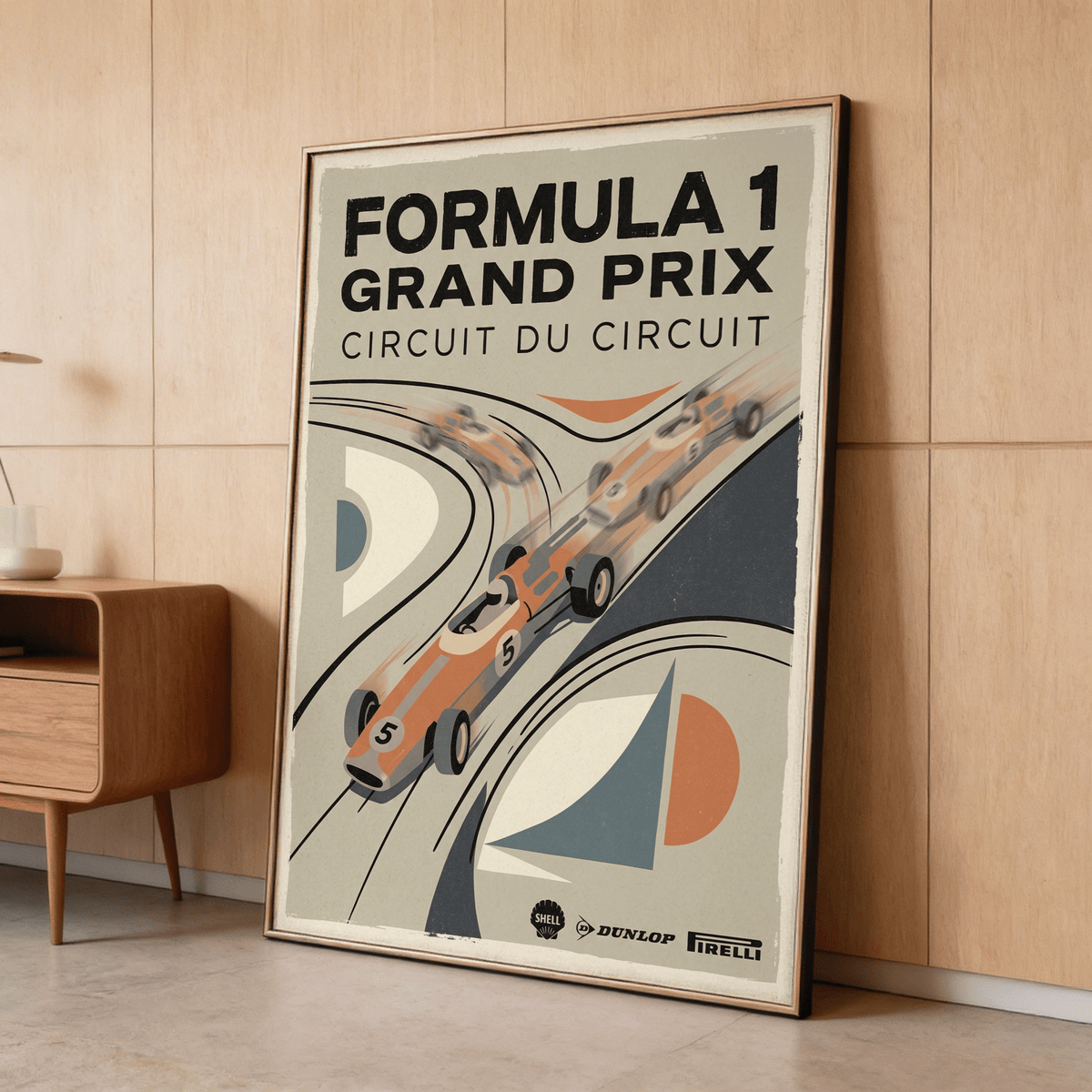 Vintage Racing Poster leaning against a wood paneled wall with a side table nearby in neutral retro colours