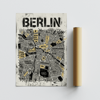 Berlin City Map wall art laying flat beside a brown packaging tube with abstract grey and yellow districts