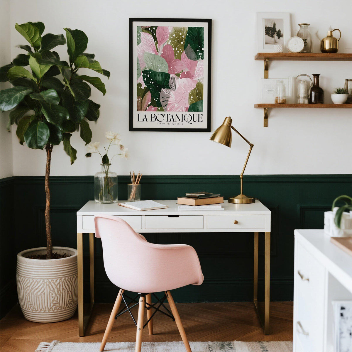 High Quality Art Prints botanical leaves artwork with pink green and white tones above a white desk with a pink chair