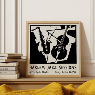 Music poster wall art of a saxophone and double bass in black and white leaning on a yellow blanket with books nearby
