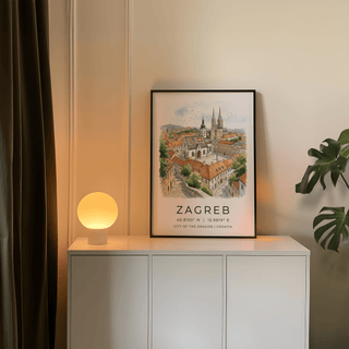 Print on a wall of Zagreb City art print in a black frame with a glowing lamp on the cabinet