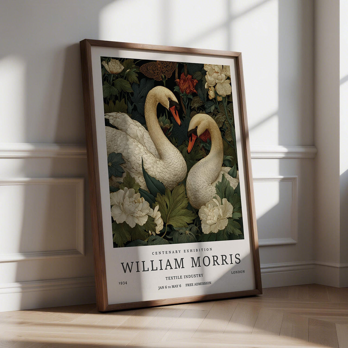 Print leaning on the floor of Swan Wall Art showing vintage illustration of swans and foliage