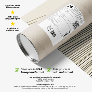Packaging tube with partly visible minimalist abstract speed lines poster in black and beige
