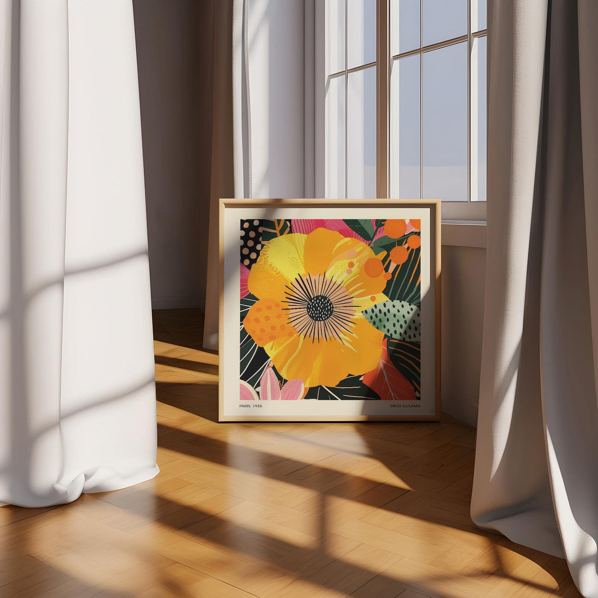 Yellow Flower Art print leaning on a wooden floor with natural light and curtains nearby