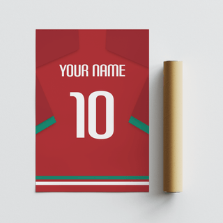 Custom football shirt print with red background and green sleeve stripe next to packaging tube