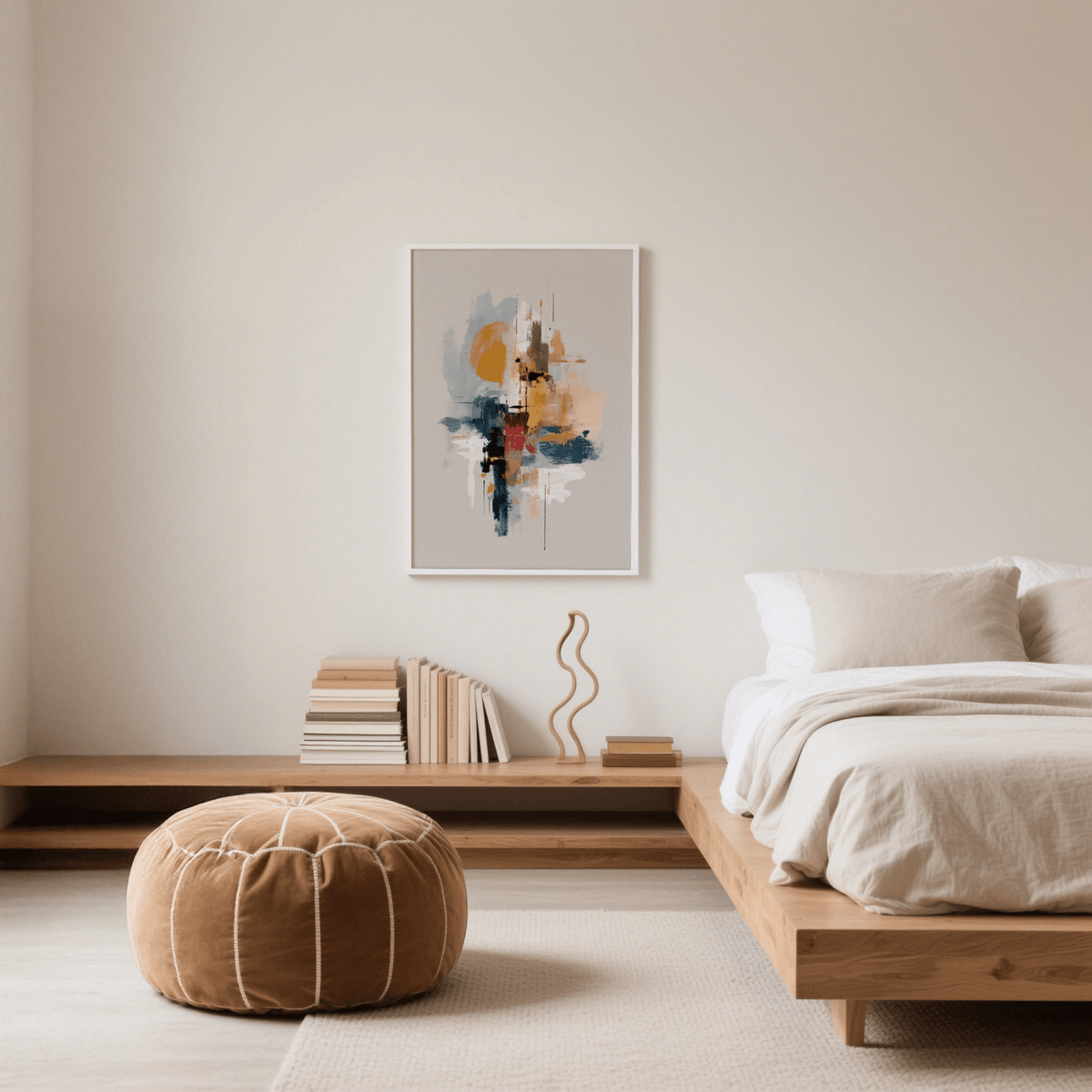 Colorful Wabi Sabi Print with abstract shapes in muted tones above books on a wooden shelf in a bedroom