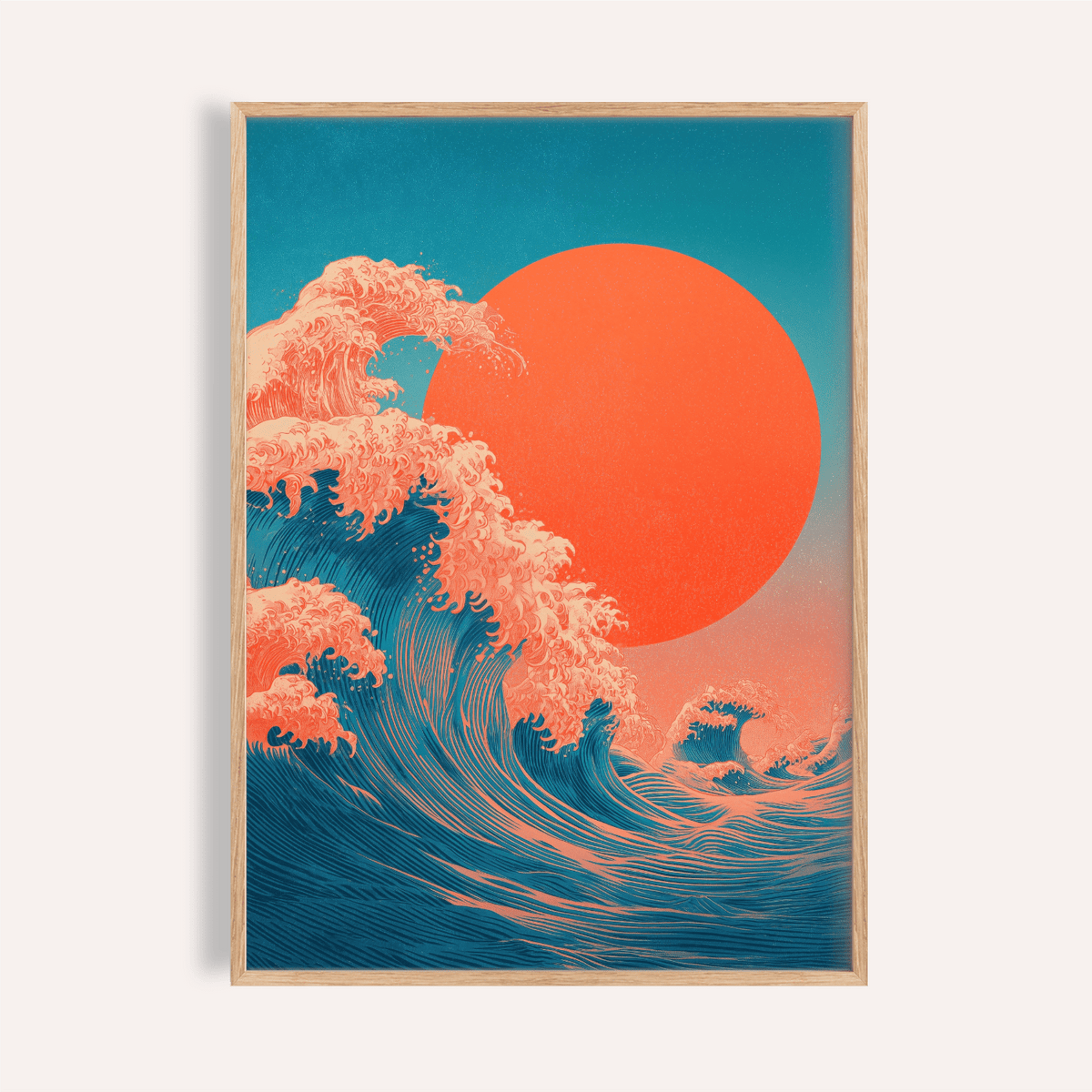 Framed Japandi Waves Print showing large blue ocean wave with orange sun background