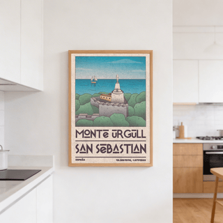 San Sebastian Art Print of Monte Urgull statue in minimalist blue and green tones in a kitchen