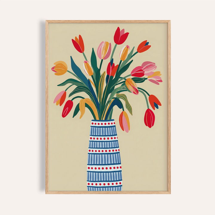 Floral Vase Art of colourful tulip bouquet in a blue patterned vase on cream background