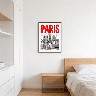 Paris City Art Print framed on bedroom wall above wooden bedside table and next to wardrobe