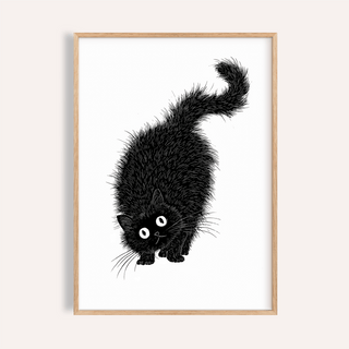 Framed Arched Back Cat Print of a black cat with a raised tail on a white background