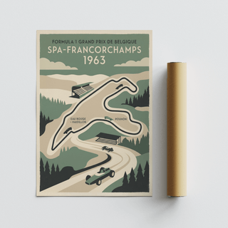 Belgian Race Circuit Map Poster flat artwork of spa-francorchamps 1963 layout in retro greens beside a brown packaging tube