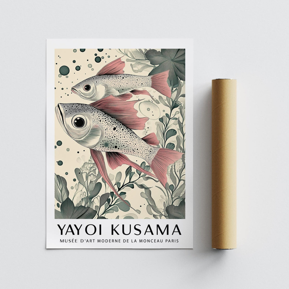 Large Fish Wall Art showing pink finned fish illustration with green botanical elements beside packaging tube