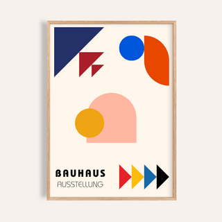 Framed Abstract Geometric Art with bauhaus shapes and pastel pink, blue and orange colours