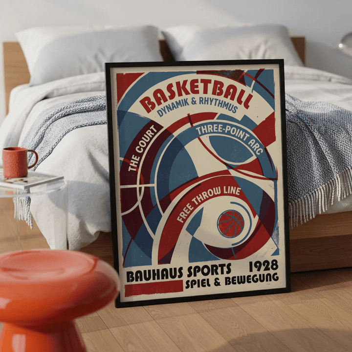 Bauhaus Basketball Art Print leaning against a bed in a bedroom with a red stool nearby