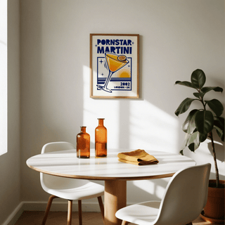 Retro Passion Fruit Martini Poster with orange and blue tones above a dining table with amber bottles