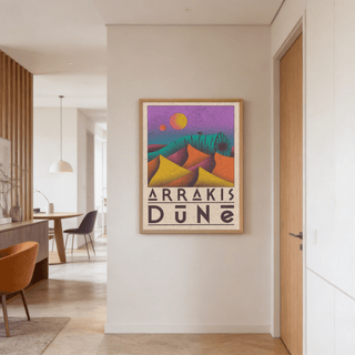Desert Dunes Sci-Fi Poster print with colourful dunes and a worm on a white wall in a hallway