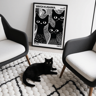 Black Cats Poster leaning on floor between two armchairs with a black cat on white patterned rug