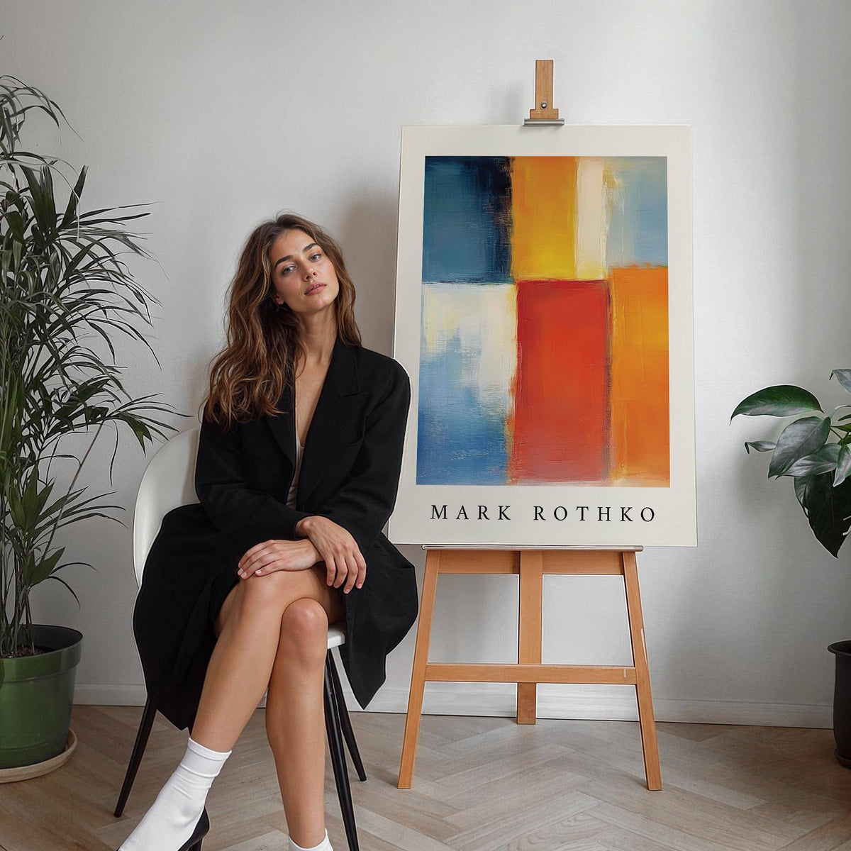 Mark Rothko Orange Red and Yellow print on an easel in a room with wooden parquet and plants
