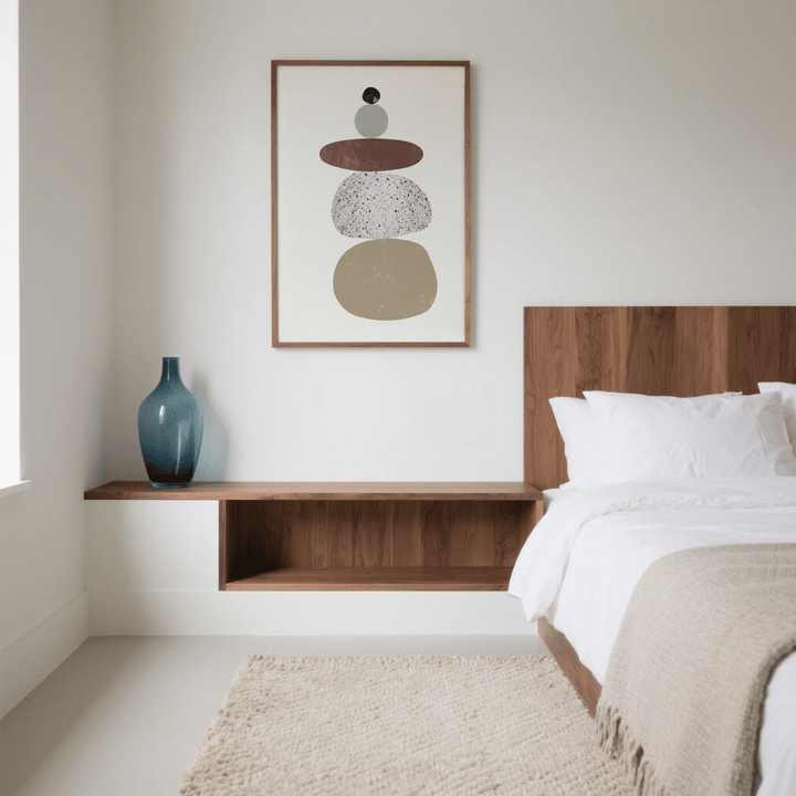 Abstract Rock Art Print hanging above a bedroom shelf with a blue vase and wooden headboard
