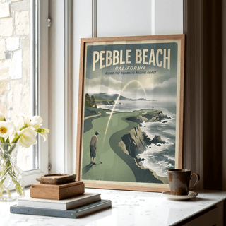 California Coastal Golf Print framed close-up showing a coastal golf scene with green tones on a windowsill with a cup