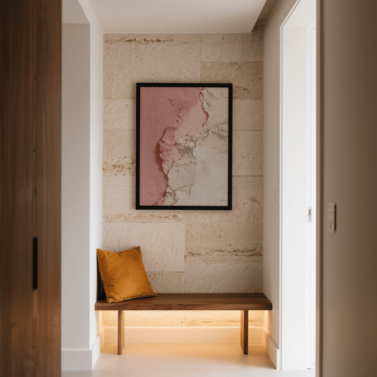 Pink Abstract Print on a stone wall above a wooden bench with an orange cushion in a hallway