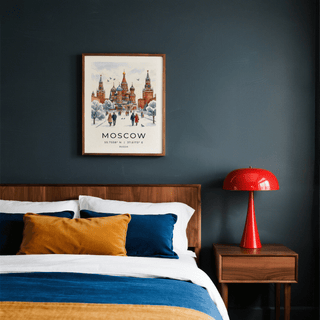 Moscow City Art Print framed print with red and blue tones above a wooden bed and red lamp in a bedroom