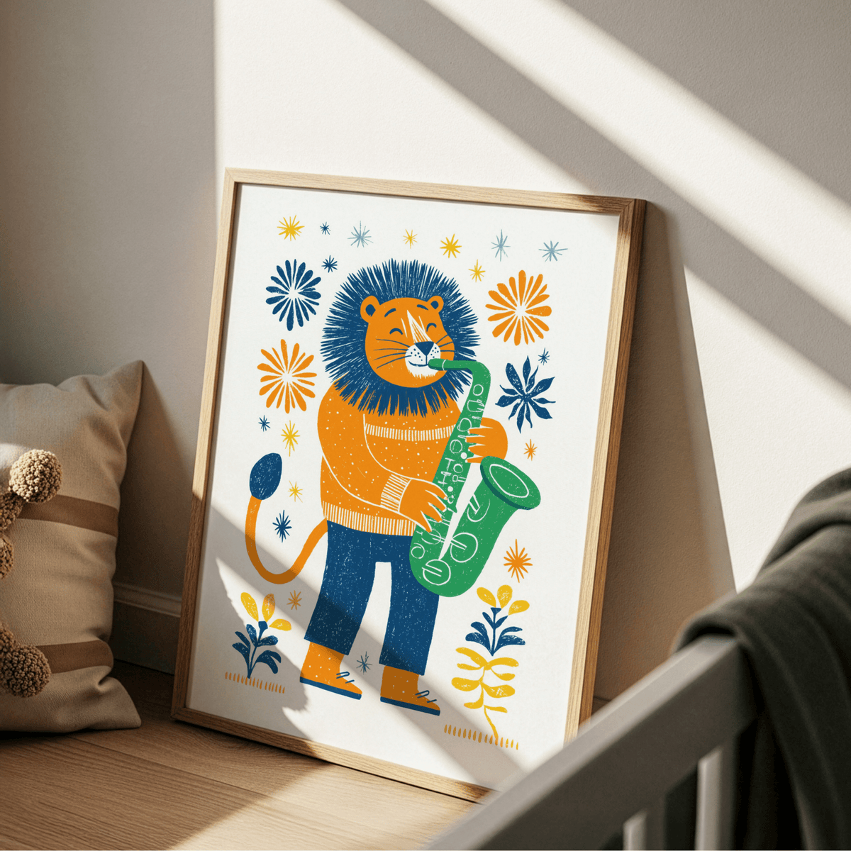 Saxophone Lion art print leaning on a floor with sunlight and a cushion nearby