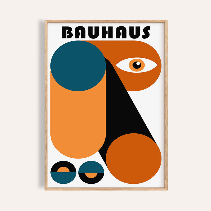 Framed print of Fun Colorful Print with abstract geometric shapes in orange, black, blue and white