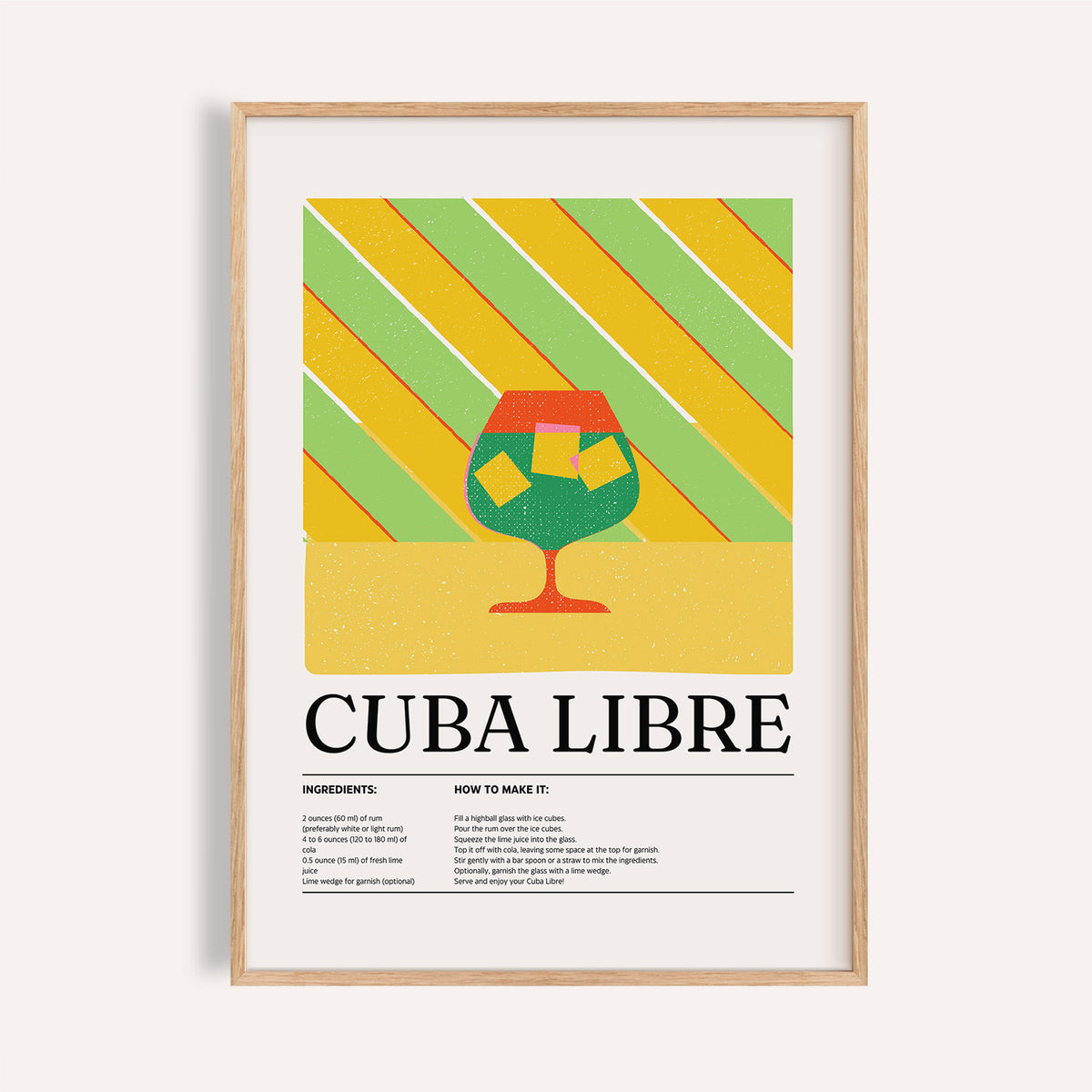 Framed print of Large Colorful Wall Art showing a cuba libre cocktail illustration with green and yellow stripes