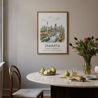 Jakarta City Art Print watercolour skyline illustration in a wooden frame above a dining table with fruit and flowers