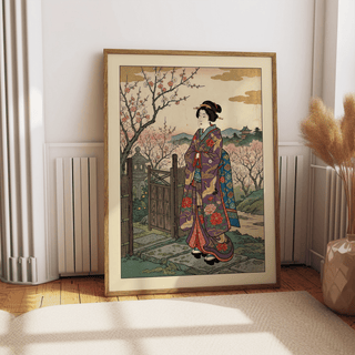 Floral Kimono wall art leaning on the floor with cherry blossoms and a wooden frame in soft natural light