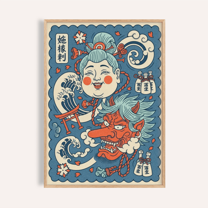 Framed print close-up of Japanese Mythology Art featuring woman and demon masks in red and blue