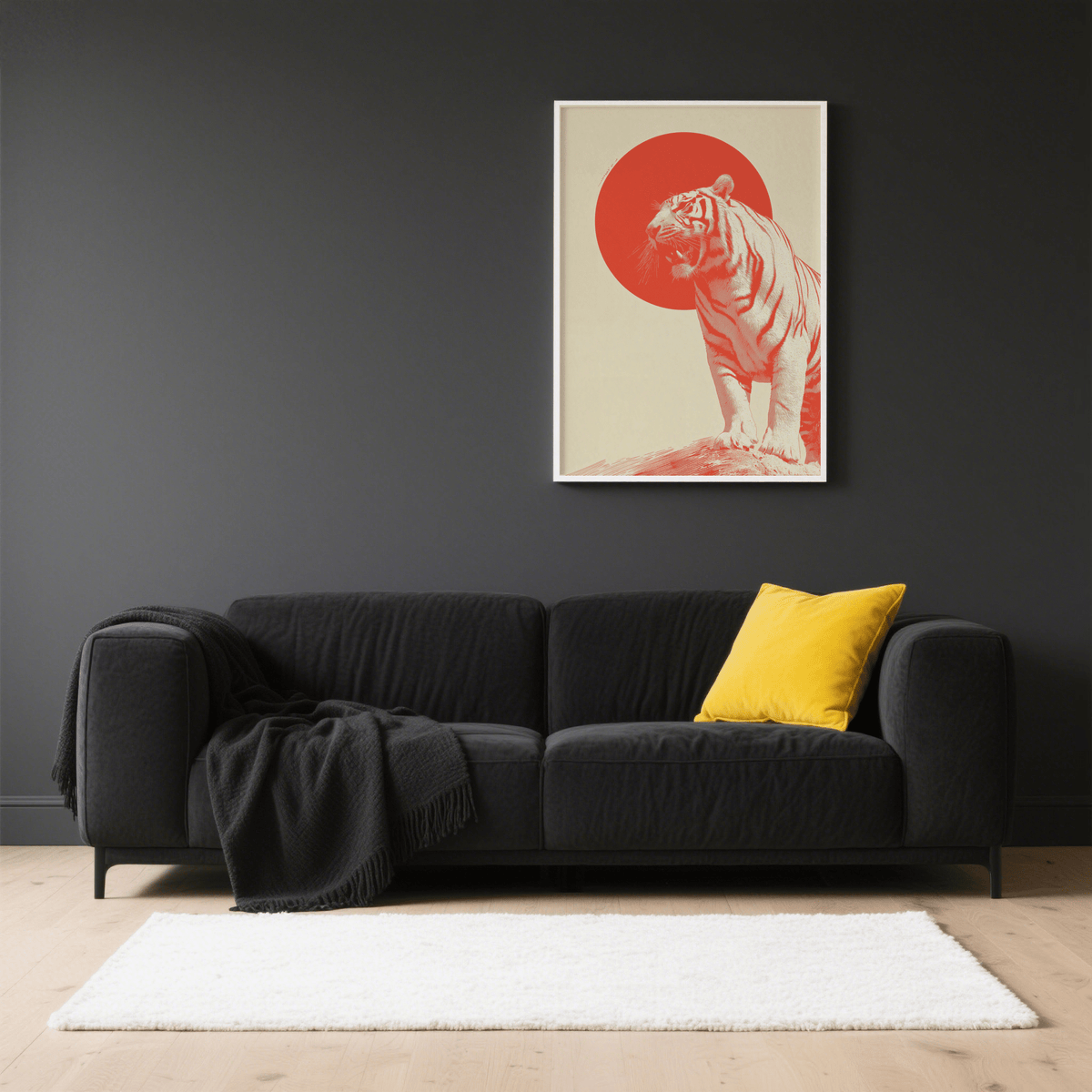 Bold Tiger wall art of a roaring tiger with a red sun above a black sofa with a yellow cushion